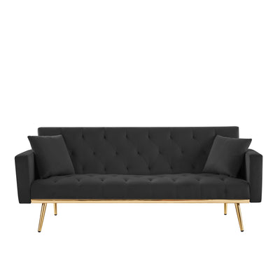 Sersper 73-Inch Convertible Velvet Futon Sofa Bed - 3 Reclining Angles, Golden Metal Legs, Black