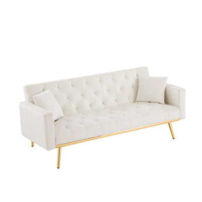 Sersper 73-Inch Velvet Futon Sofa Bed - Convertible Sleeper, 3 Reclining Angles, Golden Metal Legs, Cream