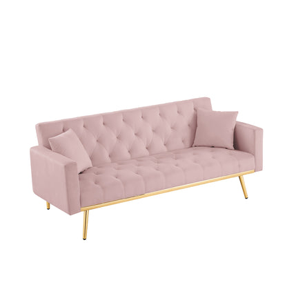 Sersper Convertible 73-Inch Velvet Futon Sofa Bed - 3 Reclining Angles, Golden Tapered Metal Legs, Pink