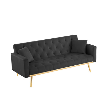 Sersper 73-Inch Convertible Velvet Futon Sofa Bed - 3 Reclining Angles, Golden Metal Legs, Black