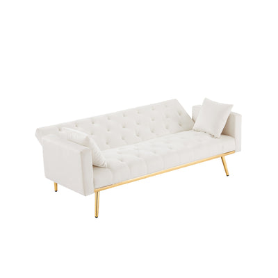 Sersper 73-Inch Velvet Futon Sofa Bed - Convertible Sleeper, 3 Reclining Angles, Golden Metal Legs, Cream