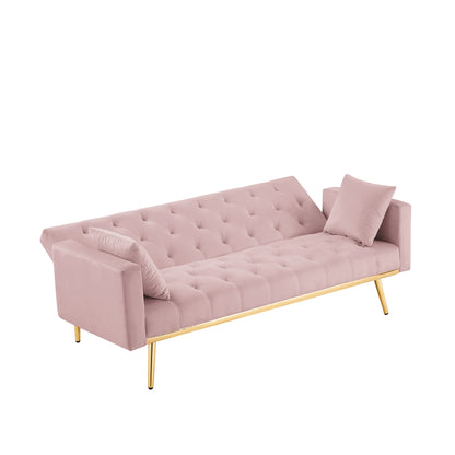 Sersper Convertible 73-Inch Velvet Futon Sofa Bed - 3 Reclining Angles, Golden Tapered Metal Legs, Pink