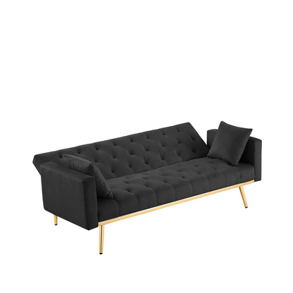 Sersper 73-Inch Convertible Velvet Futon Sofa Bed - 3 Reclining Angles, Golden Metal Legs, Black