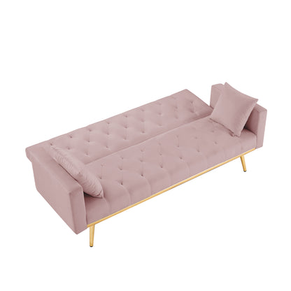 Sersper Convertible 73-Inch Velvet Futon Sofa Bed - 3 Reclining Angles, Golden Tapered Metal Legs, Pink