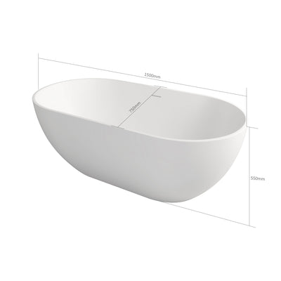 Sersper White Stone Resin Freestanding Oval Soaking Bathtub - Flatbottom, Solid Surface, Brass Drain