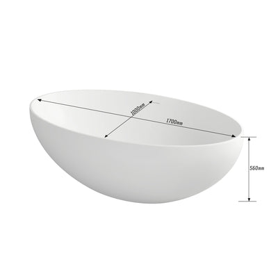 Sersper White Stone Resin Freestanding Oval Soaking Bathtub - Flatbottom, Solid Surface, Brass Drain