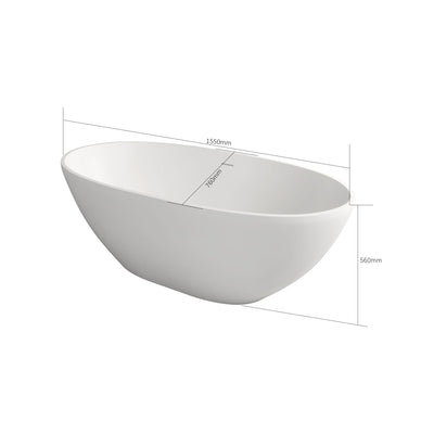 Sersper White Stone Resin Freestanding Oval Soaking Bathtub - Flatbottom, Solid Surface, Brass Drain